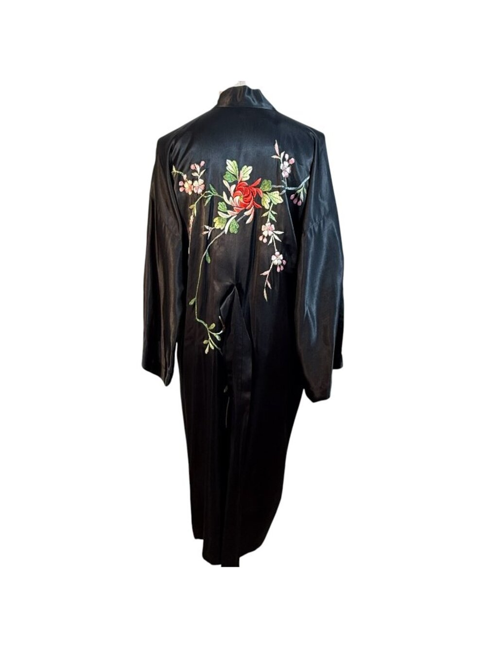 Vintage‎ Black Satin Embroidered Floral Kimono Robe Belt Waist Asian